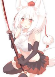 Rule 34 | 1girl, animal ear fluff, animal ears, bare shoulders, black gloves, black skirt, black thighhighs, blush, breasts, commentary request, crop top, daidai ookami, elbow gloves, fang, gloves, hair between eyes, hat, holding, holding sword, holding weapon, inubashiri momiji, katana, medium breasts, midriff, mini hat, open mouth, pleated skirt, pom pom (clothes), red eyes, red hat, seiza, shirt, sitting, skirt, sleeveless, sleeveless shirt, solo, sword, tail, thighhighs, tokin hat, touhou, turtleneck, v-shaped eyebrows, weapon, white background, white hair, white shirt, wolf ears, wolf girl, wolf tail