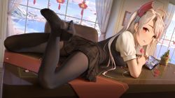 Rule 34 | 1girl, :q, antenna hair, azur lane, black pantyhose, black skirt, black vest, breasts, candy, cellphone, commentary request, crossed ankles, curtains, day, feet, female focus, food, from behind, full body, headgear, highres, himitsu (hi mi tsu 2), holding, holding candy, holding food, holding lollipop, holding phone, indoors, lollipop, long hair, looking at viewer, looking back, lying, meta, miniskirt, multicolored hair, no shoes, on stomach, on table, pantyhose, phone, plaid, plaid skirt, prinz eugen (azur lane), red eyes, shirt, short sleeves, silver hair, skirt, smartphone, solo, streaked hair, table, the pose, tongue, tongue out, vest, white shirt, window