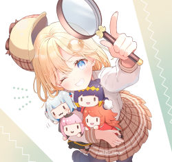 Rule 34 | 1girl, ;), arm up, blonde hair, blush, brown hat, brown skirt, character doll, commentary request, deerstalker, doll, gawr gura, grin, hair ornament, hat, holding, holding doll, holding magnifying glass, hololive, hololive english, holomyth, index finger raised, long sleeves, looking at viewer, magnifying glass, mori calliope, ninomae ina&#039;nis, one eye closed, pantyhose, plaid, plaid skirt, pleated skirt, serino itsuki, shirt, skirt, smile, solo, takanashi kiara, twitter username, virtual youtuber, watson amelia, white shirt
