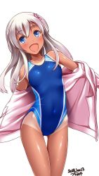 Rule 34 | 1girl, :d, alternate costume, artist name, blue eyes, blue one-piece swimsuit, blush, cameltoe, competition swimsuit, covered navel, cowboy shot, dated, gluteal fold, hair between eyes, highleg, highleg swimsuit, highres, jacket, kantai collection, long hair, looking at viewer, one-piece swimsuit, one-piece tan, open clothes, open jacket, open mouth, outstretched arms, pink jacket, platinum blonde hair, ro-500 (kancolle), simple background, smile, solo, standing, swimsuit, swimsuit under clothes, tan, tanline, tsuchimiya, white background, white hair