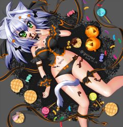 Rule 34 | 10s, 1girl, 2014, animal ears, bad id, bad pixiv id, bagel, bare shoulders, between legs, black panties, bow, bread, breasts, candy, cat ears, cat tail, checkerboard cookie, chocolate, chocolate covered, cleavage, cookie, dated, doughnut, food, from above, green eyes, hair bow, ignixnet, jack-o&#039;-lantern, jelly bean, light purple hair, lollipop, lying, melon bread, navel, on back, original, panties, pumpkin, ribbon, shadow, signature, solo, swirl lollipop, tail, tail between legs, twitter username, underwear, wristband