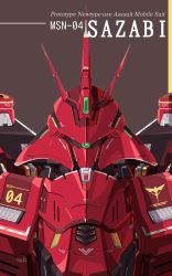 Rule 34 | absurdres, azzalea, char&#039;s counterattack, character name, close-up, commentary, english commentary, english text, green eyes, gundam, highres, looking at viewer, mecha, no humans, one-eyed, robot, sazabi, solo, upper body, zeon