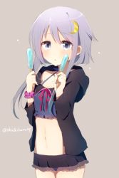 Rule 34 | 10s, 1girl, blue eyes, crescent, crescent hair ornament, crop top, food, hair ornament, harusawa, holding, holding food, kantai collection, long hair, midriff, miniskirt, navel, open mouth, popsicle, purple hair, scrunchie, short hair with long locks, skirt, smile, solo, swimsuit, swimsuit under clothes, twitter username, wrist cuffs, yayoi (kancolle)