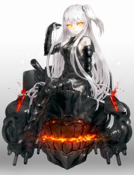 Rule 34 | 10s, 1girl, abyssal ship, aircraft carrier oni, armor, armored boots, black dress, boots, breasts, cannon, dress, expressionless, full body, gauntlets, glowing, glowing eyes, hand in own hair, high heel boots, high heels, kantai collection, kfr, large breasts, long hair, looking at viewer, no pupils, one side up, pale skin, revision, sailor dress, short dress, sideboob, sitting, solo, thigh boots, thighhighs, very long hair, yellow eyes