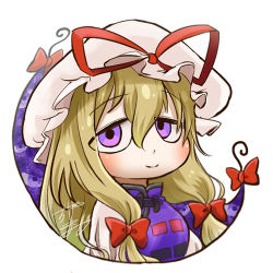 Rule 34 | 1girl, profile picture, blonde hair, blush, bow, chamaji, check commentary, close-up, commentary request, gap (touhou), hair between eyes, hair ribbon, hat, hat ribbon, jitome, long hair, looking at viewer, looking back, lowres, mob cap, purple eyes, ribbon, sidelocks, signature, simple background, smile, solo, touhou, tress ribbon, upper body, white background, yakumo yukari