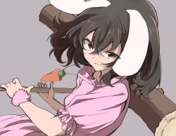 Rule 34 | 1girl, animal ears, black hair, brown eyes, carrot necklace, closed mouth, commentary request, dress, floppy ears, grey background, highres, inaba tewi, kine, mallet, necklace, pink dress, puffy short sleeves, puffy sleeves, rabbit ears, rabbit girl, shinmon akika, short hair, short sleeves, simple background, smirk, solo, touhou, wristband