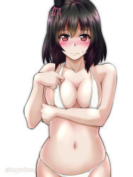 Rule 34 | 1girl, akichin (atelier baguri), bare shoulders, bikini, black hair, blush, breasts, cleavage, collarbone, commentary request, embarrassed, hair ornament, kantai collection, medium breasts, navel, nose blush, red eyes, short hair, simple background, solo, sweatdrop, swimsuit, tearing up, twitter username, white background, white bikini, yamashiro (kancolle)