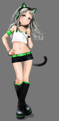 Rule 34 | 1girl, animal ear headphones, armband, axent wear, bangle, belt, black footwear, blush, boots, bracelet, cable, camisole, cat ear headphones, cat tail, choker, closed mouth, collarbone, contrapposto, crossed legs, fake animal ears, full body, grey background, grey hair, hand on own hip, headphones, highres, jewelry, kakinomai, knee boots, long hair, midriff, navel, neon trim, original, platform footwear, pointing, pointing up, purple eyes, simple background, smile, solo, standing, tail, v-shaped eyebrows, watch, wristwatch