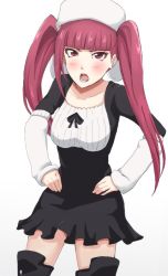 Rule 34 | 1girl, artist request, bleach, breasts, dokugamine riruka, dress, hands on own hips, long hair, looking at viewer, open mouth, pink eyes, pink hair, simple background, solo, standing, tsundere, twintails, upper body, white background