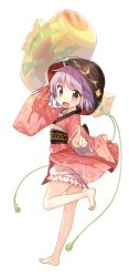Rule 34 | 1girl, :d, bad id, bad pixiv id, bare legs, barefoot, bowl, bowl hat, floral print, full body, hat, highres, japanese clothes, kimono, long sleeves, miracle mallet, obi, open mouth, pointing, pointing at viewer, purple eyes, purple hair, sash, shnva, simple background, smile, solo, standing, standing on one leg, sukuna shinmyoumaru, touhou, white background, wide sleeves