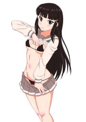 Rule 34 | 10s, 1girl, bikini, bikini under clothes, black hair, blush, breasts, clothes lift, clothes pull, covered erect nipples, feet out of frame, female focus, green eyes, groin, hair ornament, hairclip, highres, kurosawa dia, long hair, looking at viewer, love live!, love live! sunshine!!, mole, mole under mouth, navel, school uniform, serafuku, shiny skin, shirt, shirt lift, simple background, skirt, skirt lift, skirt pull, solo, swimsuit, swimsuit under clothes, taka (copyrobot), thighs, underboob, wide hips