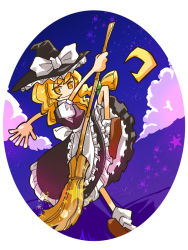 Rule 34 | 1girl, blonde hair, broom, dress, female focus, hat, kirisame marisa, mikihiro, outdoors, sky, solo, touhou, witch, witch hat, yellow eyes