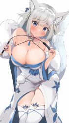 Rule 34 | 1girl, :s, animal ears, bare shoulders, bell, blue eyes, blue nails, blush, breasts, cleavage, collarbone, commission, cowboy shot, floral print, flower, fox ears, fox girl, fox tail, fur (clothing), hair flower, hair ornament, highres, holding, holding riding crop, indie virtual youtuber, japanese clothes, jingle bell, kimono, kuno (kc9s), large breasts, long hair, mole, mole on breast, mole under eye, neck bell, riding crop, sakae izumi, second-party source, skeb commission, solo, sweatdrop, tail, thighhighs, virtual youtuber, white kimono, white thighhighs