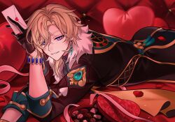 1boy aventurine_(honkai:_star_rail) black_gloves black_jacket blonde_hair blue_eyes box box_of_chocolates bracelet chocolate commentary_request crossed_bangs earrings food gloves gold_trim hair_between_eyes half_gloves hand_up heart heart-shaped_box heart-shaped_pillow heart_sticker highres holding holding_letter honkai:_star_rail honkai_(series) jacket jewelry koushuiba letter light_particles long_sleeves looking_at_viewer love_letter lying male_focus multicolored_eyes on_stomach parted_bangs parted_lips petals pillow pink_ribbon procreate_(medium) purple_eyes ribbon rose_petals short_hair single_earring sleeves_rolled_up smile solo spade_(shape) sticker tassel