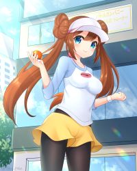 Rule 34 | 1girl, banned artist, black pantyhose, blue eyes, blush, bow, breasts, brown hair, closed mouth, cloud, commentary request, creatures (company), day, double bun, game freak, hair bun, highres, holding, holding poke ball, light rays, long hair, looking at viewer, nintendo, outdoors, pantyhose, pantyhose under shorts, pink bow, poke ball, poke ball (basic), pokemon, pokemon bw2, raglan sleeves, rosa (pokemon), short shorts, shorts, sky, smile, solo, takahara, twintails, twitter username, visor cap, yellow shorts