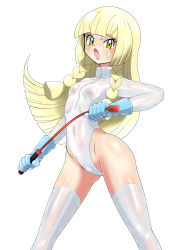 Rule 34 | 1girl, absurdres, angry, ass, blonde hair, blue gloves, blush, bodysuit, braid, breasts, covered navel, creatures (company), dominatrix, game freak, gloves, green eyes, highres, latex, latex bodysuit, latex gloves, latex legwear, lillie (pokemon), lingerie, lips, long hair, nintendo, pokemon, pokemon sm, riding crop, shiny clothes, shiny skin, shoukin500, small breasts, sweat, thick thighs, thighhighs, thighs, underwear, whip, white background, white bodysuit, white thighhighs