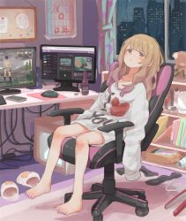 Rule 34 | 1girl, :|, barefoot, black eyes, blonde hair, blush, book, bookshelf, bottle, building, bulletin board, cable, calendar (object), cellphone, chair, closed mouth, clothes writing, commentary request, cosmetics, curtains, dual monitor, full body, half-closed eyes, hikikomori, i heart..., indoors, long hair, looking at viewer, mirror, monitor, mouse (computer), mousepad (object), nail polish, night, no pants, office chair, original, oversized clothes, phone, purple nails, pushpin, rain, shirt, sitting, skyscraper, sleeves past wrists, slippers, unworn slippers, slouching, smartphone, unworn socks, solo, speaker, stuffed animal, stuffed toy, sweater, swivel chair, tabao, teddy bear, toenail polish, toenails, white shirt, window, wireless mouse