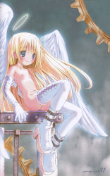 1girl absurdres angel blonde_hair blush boots buckled_shoes copyright_request elbow_gloves female_focus flat_chest gloves green_eyes halo highres lace lace-trimmed_gloves lace-trimmed_legwear lace_trim loli long_hair long_sleeves nipples nude pop solo source_request thighhighs very_long_hair white_footwear wings