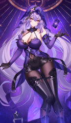 Rule 34 | 1girl, absurdres, bare shoulders, black footwear, black gloves, black swan (honkai: star rail), boots, breasts, cleavage, closed mouth, covered navel, eternity (shadeh), feet out of frame, gloves, hand up, highres, honkai: star rail, honkai (series), large breasts, long hair, looking at viewer, purple background, purple eyes, purple hair, smile, solo, thigh boots, thigh gap, thighs