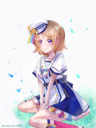 Rule 34 | 1girl, artist name, artist request, back bow, bare legs, belt, blue belt, blue bow, blush, bow, bowtie, breasts, brown hair, buttons, collarbone, dress, dress shirt, earrings, female focus, hair between eyes, hat, highres, jewelry, koizumi hanayo, looking at viewer, love live!, love live! school idol festival, love live! school idol project, miniskirt, parted lips, peaked cap, pink legwear, plaid, plaid skirt, pleated, pleated skirt, puffy short sleeves, puffy sleeves, purple eyes, ritsuka (pixiv45801498), ritsuka (rituka 0 0 9955), rituka, shirt, shoes, short hair, short sleeves, skirt, smile, solo, white background, white bow, white footwear, white hat, white shirt, white skirt