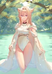 Rule 34 | 1girl, absurdres, animal ear fluff, animal ears, aoi tooru, aqua pupils, arknights, black choker, black hairband, blonde hair, cape, choker, commentary request, day, forest, hairband, highres, horn (arknights), lake, long hair, nature, one-piece swimsuit, solo, swimsuit, wading, wolf ears, wolf girl