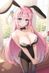 Rule 34 | 1girl, absurdres, animal ears, bare shoulders, black leotard, blue eyes, blush, bocchi the rock!, breasts, cleavage, detached collar, gotoh hitori, hair ornament, highres, large breasts, leotard, long hair, looking at viewer, pink hair, playboy bunny, rabbit ears, solo, standing, wndow, yukinagi