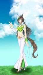 Rule 34 | 1girl, ahoge, animal ears, arm strap, blue eyes, blue sky, breasts, brown hair, choker, cloud, commentary request, crop top, day, full body, grass, green shirt, grin, groin, hair between eyes, hair ornament, hairclip, hand up, hat, high heels, highres, horse ears, jacket, long hair, looking at viewer, medium breasts, midriff, mini hat, mini top hat, mr. c.b. (umamusume), navel, open clothes, open jacket, pants, shirt, single bare shoulder, single sleeve, sky, smile, solo, standing, stomach, strapless, strapless shirt, tail, top hat, tsuchinoko (nokonokotutti), umamusume, very long hair, white hat, white pants, wrist cuffs