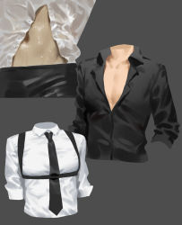 Rule 34 | abs, belt, black shirt, chest harness, collar, collared shirt, cropped legs, formal, grey background, harness, highres, pectoral cleavage, male focus, mannequin, navel, necktie, open clothes, open shirt, original, pectorals, segu ishida, shirt, simple background, tagme, wet, wet clothes, white shirt
