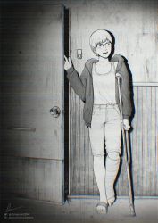 Rule 34 | 1girl, absurdres, capri pants, chainsaw man, commentary, crutch, door, english commentary, glasses, highres, hood, hoodie, leg cast, marvin (omarvin), open mouth, over-rim eyewear, pants, sandals, semi-rimless eyewear, short hair, signature, smile, solo, spoilers, twitter username, vhs artifacts, yuko (chainsaw man)