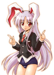 Rule 34 | 1girl, :p, animal ears, female focus, gradient background, hirasaka makoto, long hair, no pants, old school swimsuit, one-piece swimsuit, outline, playboy bunny swimsuit, rabbit ears, red eyes, reisen udongein inaba, school swimsuit, simple background, solo, swimsuit, swimsuit under clothes, tongue, tongue out, touhou, very long hair, white background