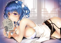 Rule 34 | 1girl, azur lane, bare shoulders, black panties, black thighhighs, blue hair, blush, braid, breasts, bridal gauntlets, china dress, chinese clothes, closed mouth, commentary request, dress, garter straps, hair ribbon, hand fan, holding, holding fan, large breasts, looking at viewer, lying, on stomach, panties, purple eyes, ribbon, smile, solo, st. louis (azur lane), st. louis (blue and white pottery) (azur lane), thighhighs, twin braids, underwear, unmoving pattern, white dress, white ribbon, yu yu