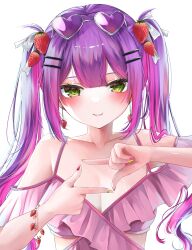 Rule 34 | 1girl, armpits, bare shoulders, bikini, blush, breasts, cleavage, closed mouth, collarbone, earrings, fang, finger frame, food, food-themed earrings, food themed earrings, fruit, hair ornament, hair ribbon, hairclip, heart, heart-shaped eyewear, highres, hololive, jewelry, looking at viewer, medium breasts, multicolored nails, off shoulder, ohagetty, pink bikini, purple hair, purple nails, ribbon, skin fang, solo, strawberry, strawberry earrings, swimsuit, tokoyami towa, twintails, virtual youtuber, white background, yellow eyes, yellow nails