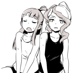 Rule 34 | 2girls, alternate costume, alternate hairstyle, couple, diana cavendish, closed eyes, hot, kagari atsuko, little witch academia, long hair, looking at another, monochrome, multiple girls, open mouth, ponytail, simple background, sweat, tank top, tonton (mathcaca24), wavy hair, white background, yuri