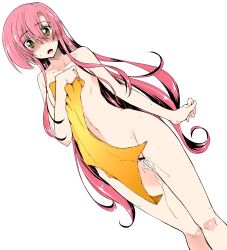 Rule 34 | 1girl, absurdres, areola slip, blush, breasts, collarbone, colorized, groin, hayate no gotoku!, highres, holding, holding towel, kamino ryuuya, katsura hinagiku, long hair, looking at viewer, navel, nude, open mouth, pink hair, pussy, pussy juice, pussy juice trail, saliva, small breasts, solo, thigh gap, thighs, towel, transparent background, yellow eyes