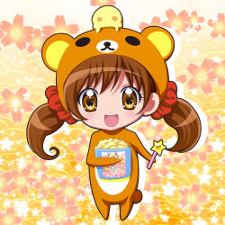 Rule 34 | 1girl, :d, animal costume, bad id, bad pixiv id, brown eyes, brown hair, eyelashes, floral background, flower, food, full body, fuu-chan (precure), hat, isumi (i-spixi), long hair, open mouth, popcorn, precure, precure all stars new stage: mirai no tomodachi, rilakkuma, sakagami ayumi, san-x, smile, solo, twintails, wand, yellow background