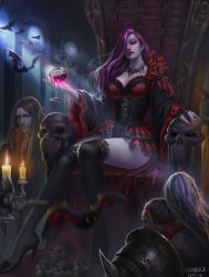 Rule 34 | 1girl, 2boys, alcohol, armor, bat (animal), black gloves, black thighhighs, blurry, breasts, candle, cleavage, corset, crossed legs, cup, depth of field, drinking glass, fingerless gloves, fingernails, full body, gloves, hair over one eye, highres, holding, indoors, jewelry, long hair, long sleeves, moonlight, multiple boys, necklace, original, pointy ears, purple hair, red eyes, red wine, ring, showgirl skirt, single glove, sitting, skull, thighhighs, throne, vampire, wide sleeves, wine, wine glass