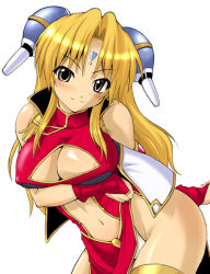 Rule 34 | 00s, 1girl, areola slip, arm behind back, ass, bad anatomy, bare shoulders, blonde hair, blush, breast hold, breasts, bridal gauntlets, broccoli (company), china dress, chinese clothes, cleavage cutout, clothing cutout, covered erect nipples, dress, facial mark, forehead mark, galaxy angel, groin, hair ornament, hairpods, halterneck, head tilt, high collar, highleg, highleg panties, large breasts, leaning forward, long hair, looking at viewer, midriff, navel, navel cutout, no bra, panties, pantyshot, parted bangs, pelvic curtain, ranpha franboise, red dress, seductive smile, side slit, sidelocks, simple background, sleeveless, smile, solo, standing, thighlet, turtleneck, underwear, white background, white panties, yellow eyes