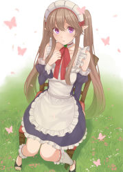 Rule 34 | 10s, 1girl, apron, blush, breasts, brown hair, bug, butterfly, chair, commentary request, day, detached sleeves, dress, elf, frills, grass, bug, long hair, looking at viewer, maid, maid headdress, myucel foalan, nananichi, outbreak company, outdoors, pointy ears, purple eyes, ribbon, sitting, solo, twintails, very long hair, white legwear