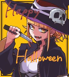 Rule 34 | 1girl, absurdres, black nails, blonde hair, blood, bloody knife, bloody weapon, blunt bangs, boku no hero academia, double bun, fangs, hair bun, halloween, happy halloween, hat, highres, holding, jipponwazaari, knife, messy hair, nail polish, open mouth, robe, slit pupils, solo, toga himiko, upper body, weapon, witch hat