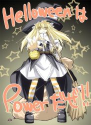 Rule 34 | 1girl, adapted costume, bad id, bad pixiv id, bag, black footwear, black hat, blonde hair, boots, bow, broom, candy, eyes visible through hair, female focus, food, full body, gradient background, grin, hair ribbon, halloween, hand on own hip, hat, hat bow, jack-o&#039;-lantern, kirisame marisa, long hair, pantyhose, pointing, pointing at viewer, ribbon, smile, solo, star (symbol), striped clothes, striped legwear, striped pantyhose, touhou, white bow, witch hat, wrist cuffs, yellow eyes, yuuki eishi
