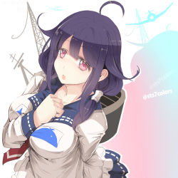 Rule 34 | 10s, 1girl, :o, ahoge, aircraft, airplane, arm between breasts, artist name, between breasts, blush, breasts, kantai collection, large breasts, long hair, long sleeves, looking at viewer, low twintails, necktie, open mouth, purple hair, red eyes, red necktie, sailor collar, school uniform, serafuku, shirt, solo, sts, taigei (kancolle), tower, twintails, twitter username, whale, white shirt
