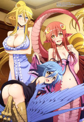 Rule 34 | 10s, 3girls, absurdres, ahoge, animal ears, ass, blonde hair, blue eyes, blue hair, blue wings, blush, bottomless, breasts, brown eyes, centaur, centorea shianus, cleavage, collarbone, fang, feathered wings, frills, hair ornament, harpy, highres, horse ears, horse tail, huge breasts, lamia, large breasts, long hair, looking at viewer, looking back, megami magazine, miia (monster musume), monster girl, monster musume no iru nichijou, multiple girls, navel, nightgown, no panties, official art, papi (monster musume), pointy ears, ponytail, red hair, scales, scan, short hair, slit pupils, smile, strap slip, tail, talons, taur, winged arms, wings, yellow eyes
