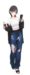 Rule 34 | 1girl, ama mitsuki, belt, black footwear, black jacket, blue pants, blush, brown eyes, brown hair, coffee cup, collarbone, crop top, cup, denim, disposable cup, hands up, highres, holding, holding cup, holding phone, jacket, jacket partially removed, jeans, long sleeves, midriff, navel, original, pants, parted lips, phone, sandals, shirt, short hair, short sleeves, solo, standing, toes, torn clothes, torn jeans, torn pants, white background, white shirt