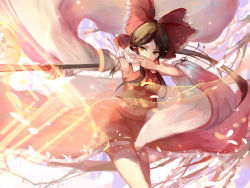 Rule 34 | 1girl, armpits, ascot, between fingers, bow, branch, breasts, brown eyes, brown hair, covering own mouth, detached sleeves, frilled bow, frilled skirt, frills, gohei, groin, hair bow, hair tubes, hakurei reimu, holding, holding weapon, light, light particles, looking to the side, midriff, outstretched arm, petals, ponytail, red skirt, ribbon, sishenfan, skirt, sleeveless, small breasts, solo, talismans, thighs, touhou, weapon, wind