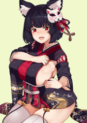 Rule 34 | 1girl, alternate costume, animal ears, azur lane, bell, black hair, black kimono, blunt bangs, breasts, commentary request, green background, hai ookami, hair ornament, highres, japanese clothes, kimono, large breasts, looking at viewer, mask, open mouth, red eyes, revision, short hair, sideboob, simple background, sitting, slit pupils, solo, thighhighs, white thighhighs, wide sleeves, yamashiro (azur lane)