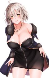Rule 34 | &gt;:(, 1girl, ahoge, black dress, blush, breasts, cleavage, closed mouth, collarbone, cowboy shot, dress, fate/grand order, fate (series), frown, fur trim, hanada yanochi, jacket, jeanne d&#039;arc (fate), jeanne d&#039;arc alter (fate), jeanne d&#039;arc alter (ver. shinjuku 1999) (fate), jewelry, large breasts, leaning forward, long sleeves, looking at viewer, necklace, off shoulder, official alternate costume, open clothes, open jacket, short dress, short hair, silver hair, simple background, solo, v-shaped eyebrows, white background, yellow eyes