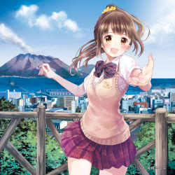 Rule 34 | 1girl, :d, artist name, blue sky, blush, bow, bowtie, brown eyes, brown hair, cityscape, cloud, day, horizon, long hair, looking at viewer, matsuzaki miyuki, mountain, ocean, open mouth, outstretched hand, plaid, plaid skirt, pleated skirt, ponytail, railing, school uniform, scrunchie, shirt, short sleeves, skirt, sky, smile, solo, standing, striped bow, striped bowtie, striped clothes, striped neckwear, sweater vest, white shirt