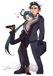 Rule 34 | 1boy, 1girl, :d, ahoge, bag, black gloves, black hair, black jacket, black pants, boots, bright pupils, brown footwear, closed eyes, collared shirt, commentary request, creatures (company), earrings, game freak, gloves, green hair, grey shirt, hair between eyes, heart, heart ahoge, hetero, highres, holding, holding bag, jacket, jewelry, larry (pokemon), leg up, long hair, looking at viewer, necktie, nintendo, open mouth, pants, pokemon, pokemon sv, ponytail, red eyes, rika (pokemon), shirt, shoes, short hair, sleeves rolled up, smile, standing, standing on one leg, suspenders, sweatdrop, teeth, tomato 0429, upper teeth only, white background, white pupils