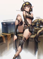 Rule 34 | 1girl, absurdres, ahoge, arknights, ass, bandaid, bare shoulders, bilibili xiaolu, black gloves, black hair, black panties, blue eyes, breasts, cleavage, elbow gloves, eunectes (arknights), gloves, goggles, goggles on head, highres, holding, knee up, large tail, looking at viewer, medium breasts, navel, panties, pointy ears, short hair, sidelocks, simple background, snake tail, solo, stomach, tail, thighs, toes, underwear, white background, wrench
