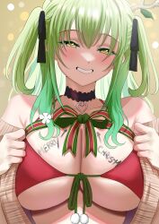 Rule 34 | 1girl, absurdres, alternate costume, alternate hairstyle, antlers, blush, branch, breasts, ceres fauna, cleavage, green hair, hair ornament, highres, hololive, hololive english, horns, jewelry, large breasts, long hair, looking at viewer, mole, mole under eye, redi (rasec asdjh), smile, solo, two side up, virtual youtuber